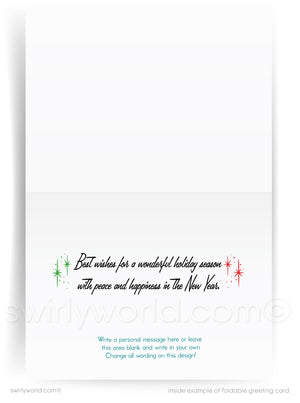 Foldable greeting card with holiday message and decorative elements on a white background