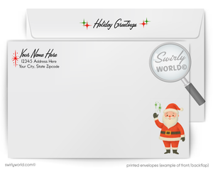Swirly World holiday greeting card with Santa Claus illustration and envelope.