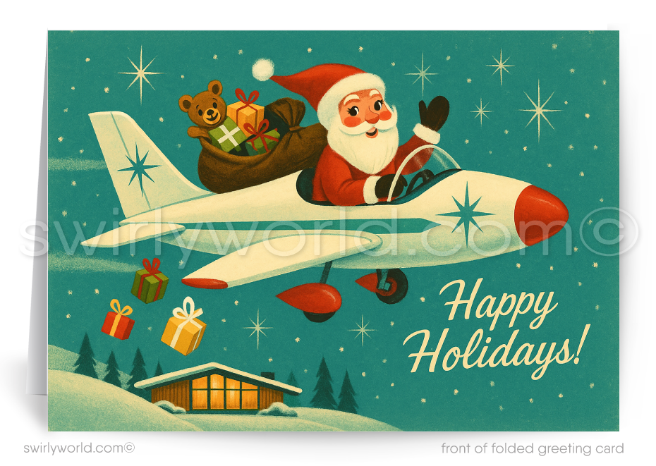 Vintage-style Christmas card with Santa Claus flying an airplane, surrounded by presents and a house.