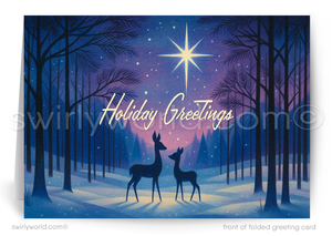 Holiday greeting card with two deer in a forest under a starry sky, featuring the text 'Holiday Greetings'.