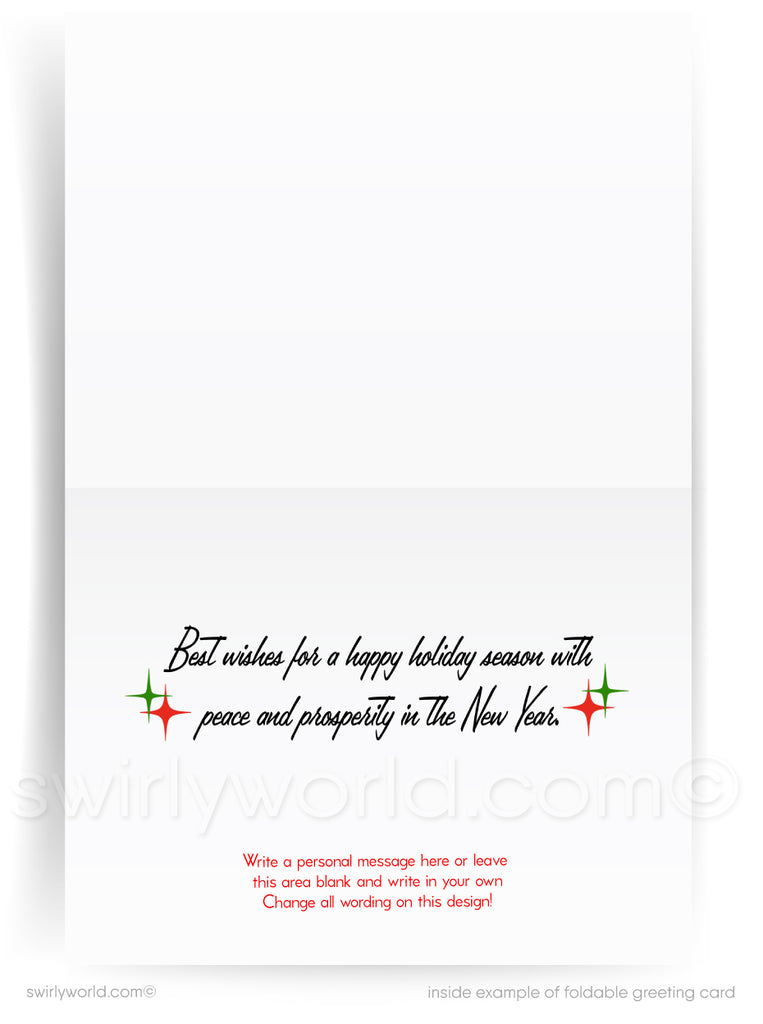 Vintage Mid-Century Christmas Card – 1950s Snowman with "Season’s Greetings" in Atomic Forest