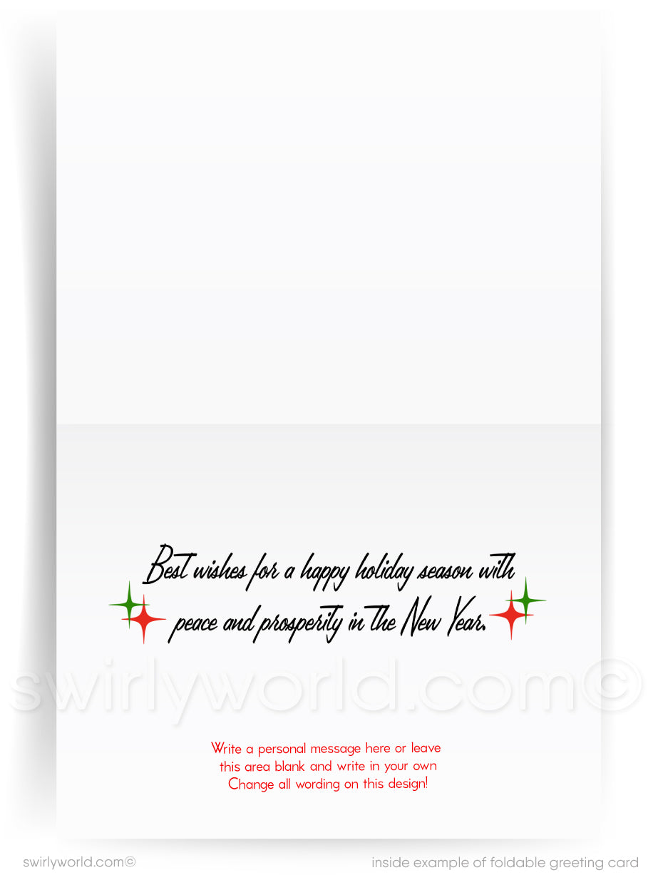 Vintage mid-century modern retro snowman Christmas 1950s-1960s holiday greeting card with snow and snowflakes and a sign that reads "Season's Greetings"