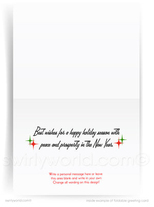 Vintage Mid-Century Christmas Card – 1950s Snowman with "Season’s Greetings" in Atomic Forest