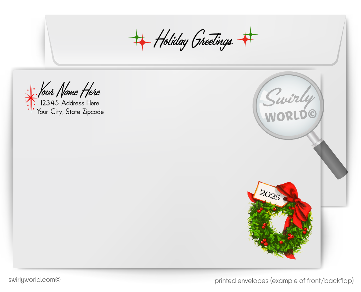 Vintage Mid-Century Christmas Card – 1950s Snowman with "Season’s Greetings" in Atomic Forest