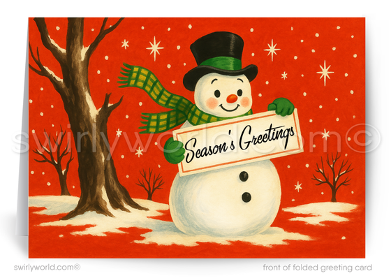 Vintage mid-century modern retro snowman Christmas 1950s-1960s holiday greeting card with snow and snowflakes and a sign that reads "Season's Greetings"