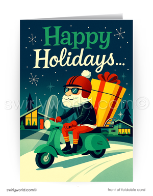 Holiday card with Santa Claus riding a scooter and carrying a gift, set against a night sky.