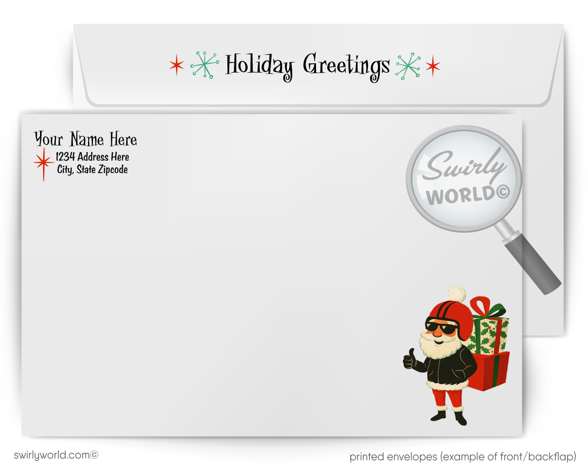 Holiday greeting card with Santa Claus and Swirly World branding