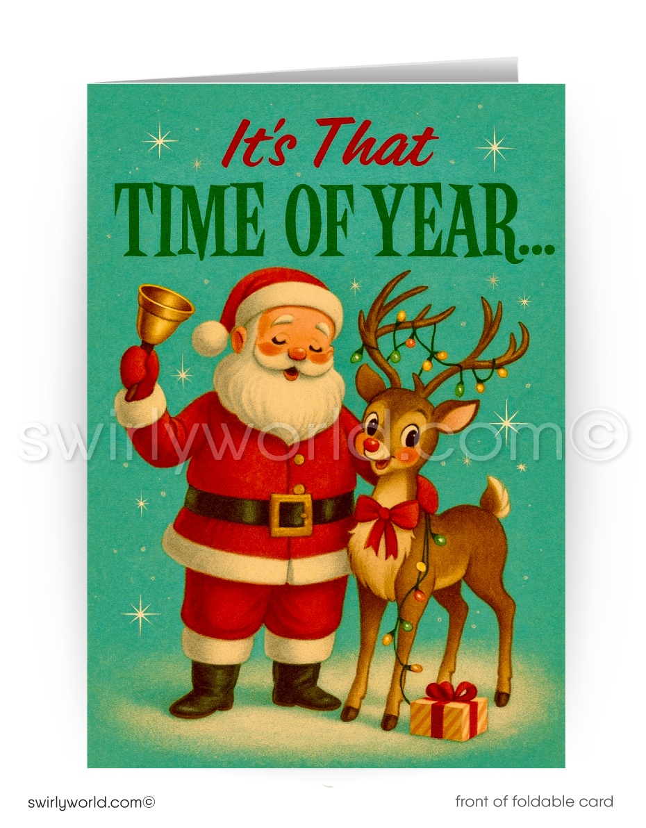 Vintage-style Christmas card with Santa Claus and a reindeer on a teal background.