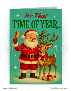 Vintage-style Christmas card with Santa Claus and a reindeer on a teal background.