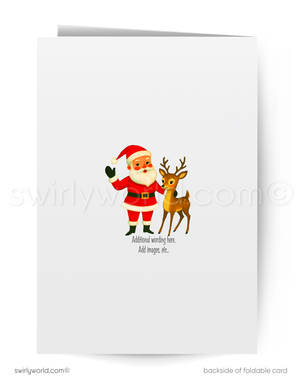 Greeting card with Santa Claus and a reindeer on a white background