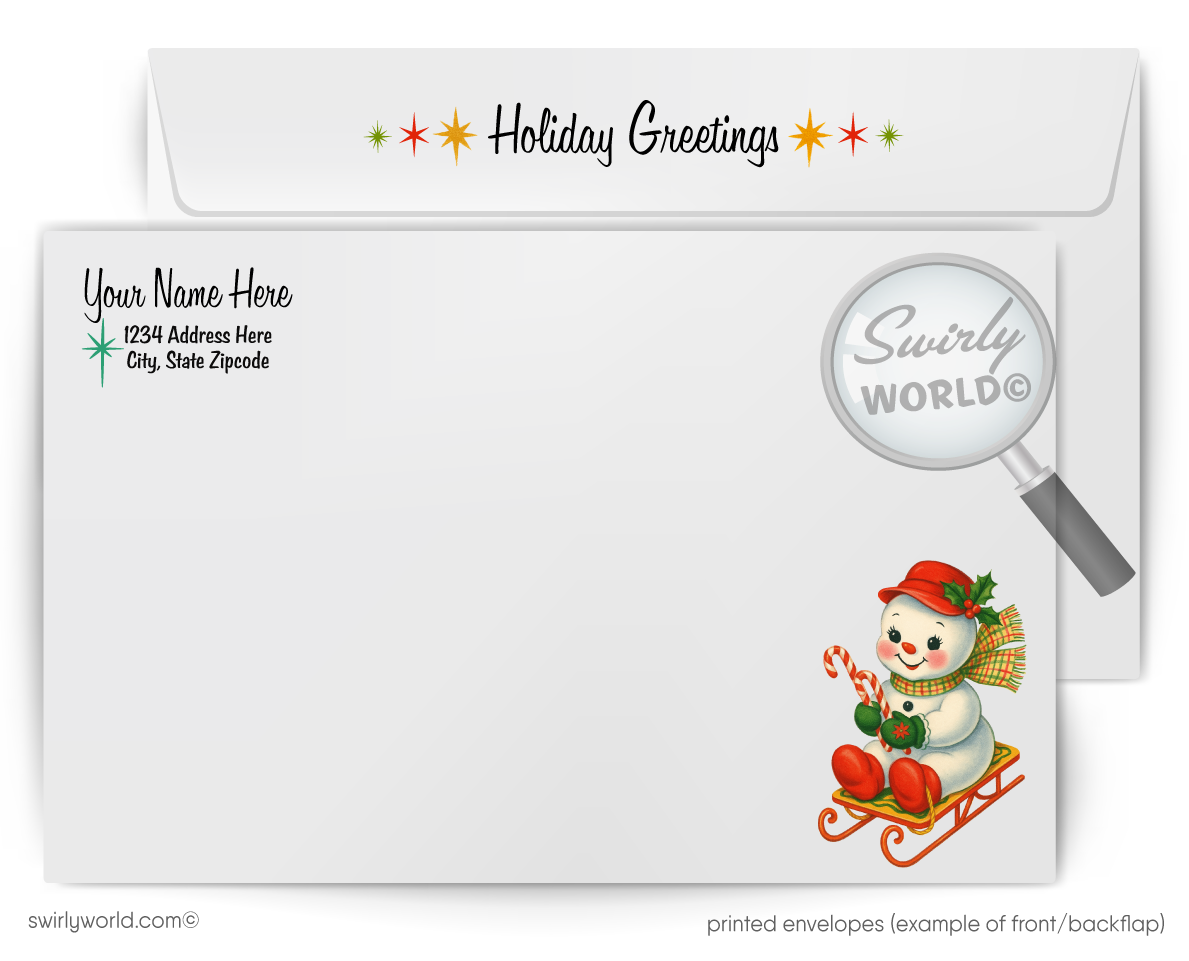 Holiday greeting card with snowman design and 'Swirly World' branding