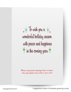 Holiday greeting card with text and decorative elements on a white background