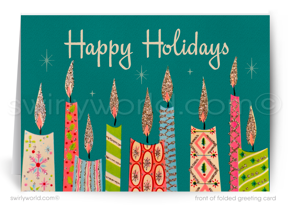 Greeting card with colorful candles and 'Happy Holidays' text on a teal background