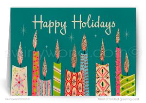 Greeting card with colorful candles and 'Happy Holidays' text on a teal background
