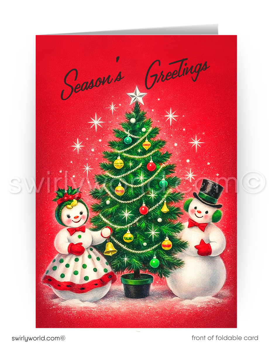 Vintage-style Christmas card with a tree, snowman, and doll on a red background.