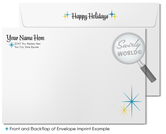 Envelope with 'Happy Holidays' text and 'Swirly World' logo on a white background