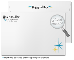 Envelope with 'Happy Holidays' text and 'Swirly World' logo on a white background