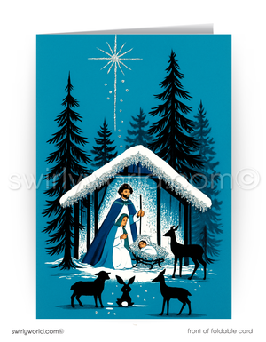 Christmas card with nativity scene in a snowy landscape with trees and animals.