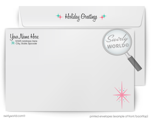 Printed envelopes with Swirly World logo and 'Holiday Greetings' text.
