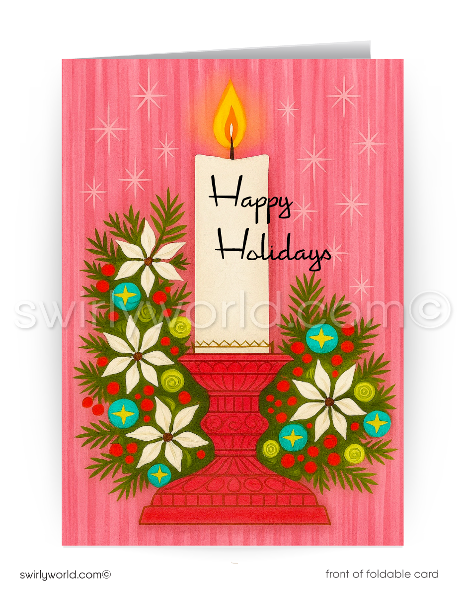 Christmas card with a candle and wreath on a pink background