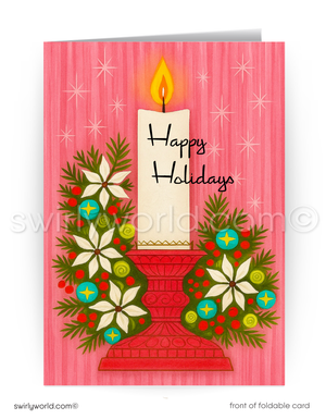 Christmas card with a candle and wreath on a pink background
