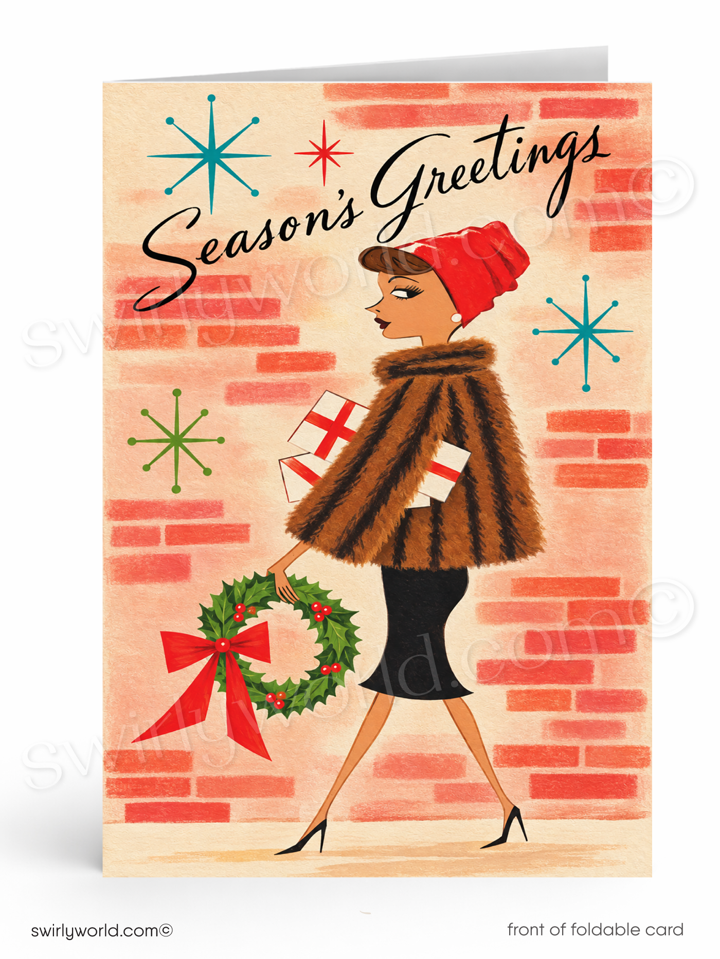 1960s Retro Mid-Century Holiday Card – Chic Girl with Gift & Wreath, Vintage Christmas Greeting