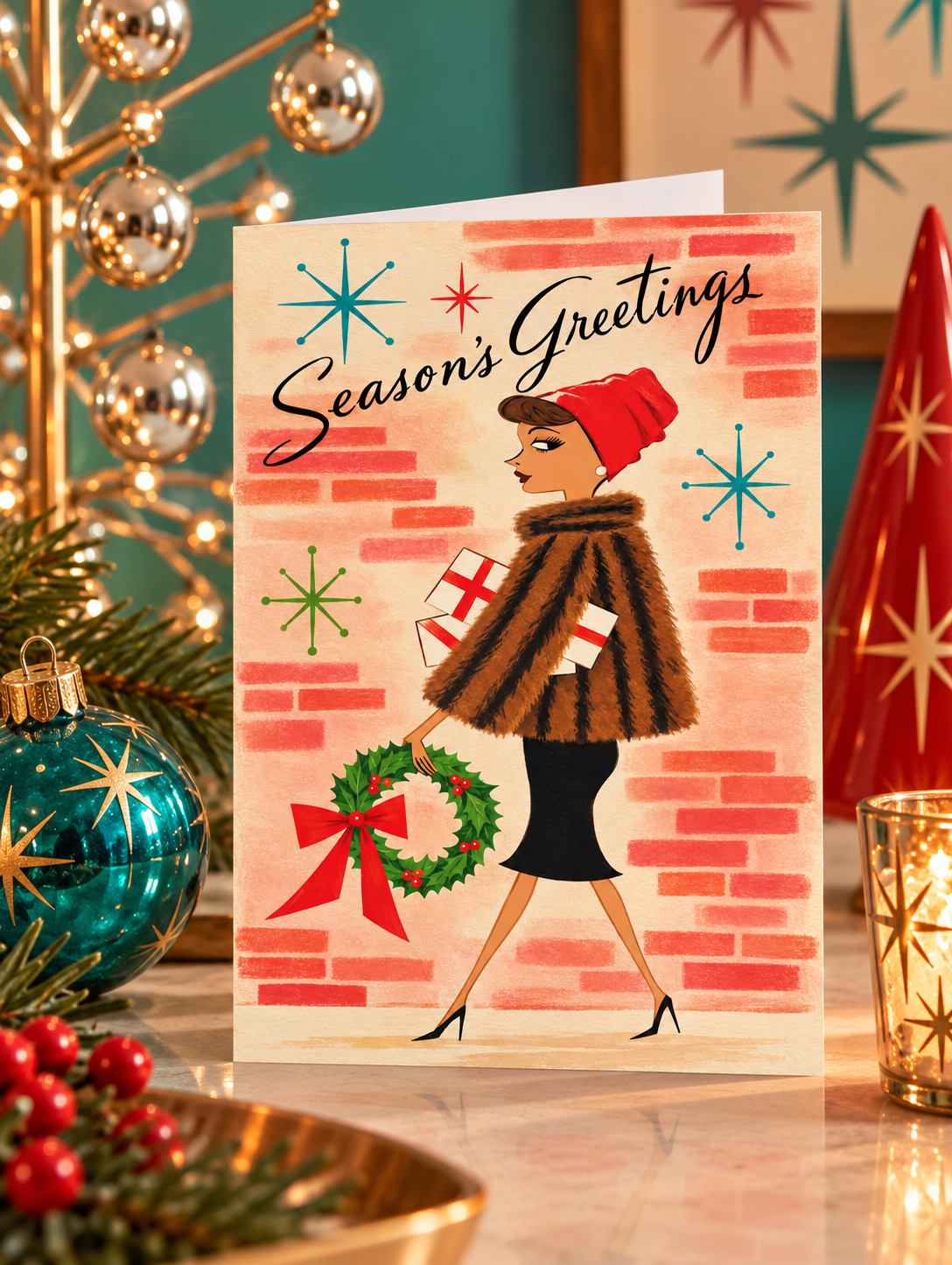 1960s Retro Mid-Century Holiday Card – Chic Girl with Gift & Wreath, Vintage Christmas Greeting