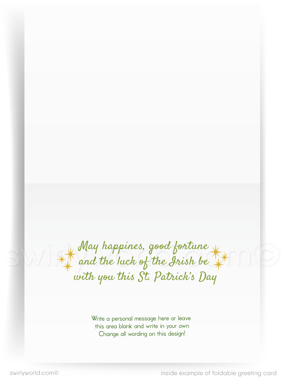 St. Patrick's Day card with a house, tree, and pot of gold on a white background
