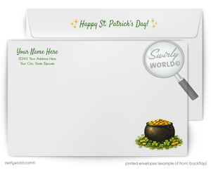 St. Patrick's Day themed printed envelopes with a pot of gold and Swirly World logo.