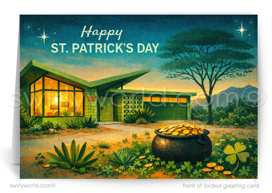 St. Patrick's Day card with a house, tree, and pot of gold on a white background