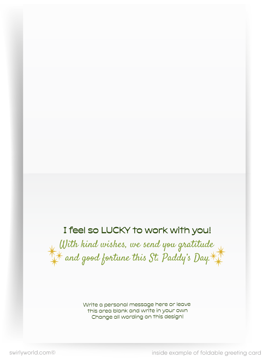 Desert scene with a modern house, rainbow, pot of gold, and cactus on a St. Patrick's Day card.