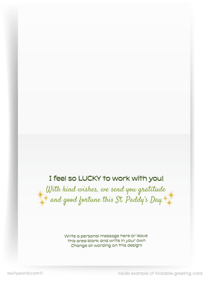 Foldable greeting card with St. Patrick's Day message on a white background