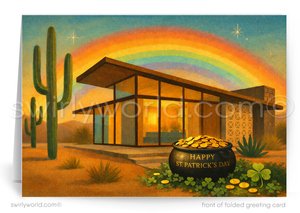 Desert scene with a modern house, rainbow, pot of gold, and cactus on a St. Patrick's Day card.