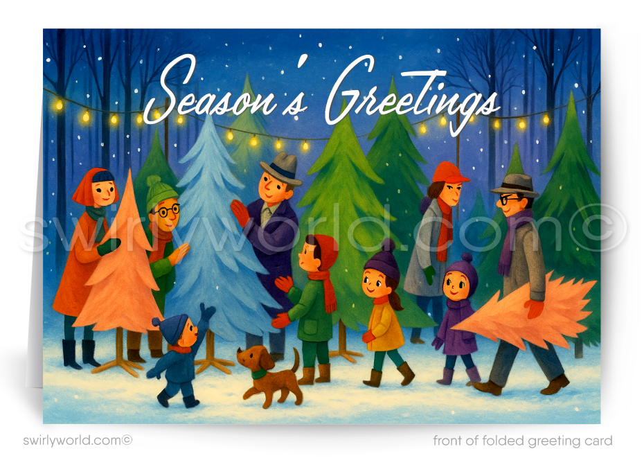 Mid-century modern, 1940s-1950s retro vintage Christmas holiday greeting cards featuring townspeople at a Christmas tree lot picking out a tree. 