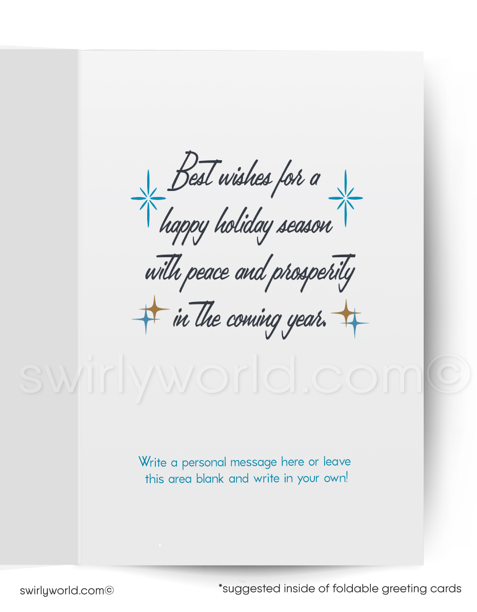 Vintage 1960s Mid-Century Modern Christmas Card with Atomic-Era Blue Peacock Ornament on Blue Tree