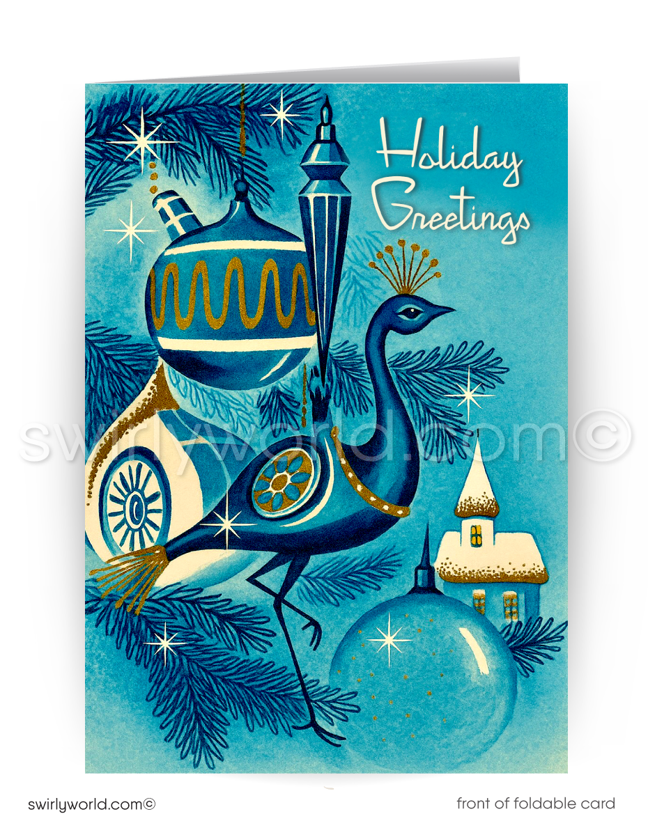 Vintage 1960s Mid-Century Modern Christmas Card with Atomic-Era Blue Peacock Ornament on Blue Tree