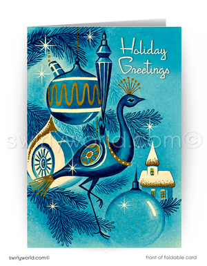 Vintage 1960s Mid-Century Modern Christmas Card with Atomic-Era Blue Peacock Ornament on Blue Tree