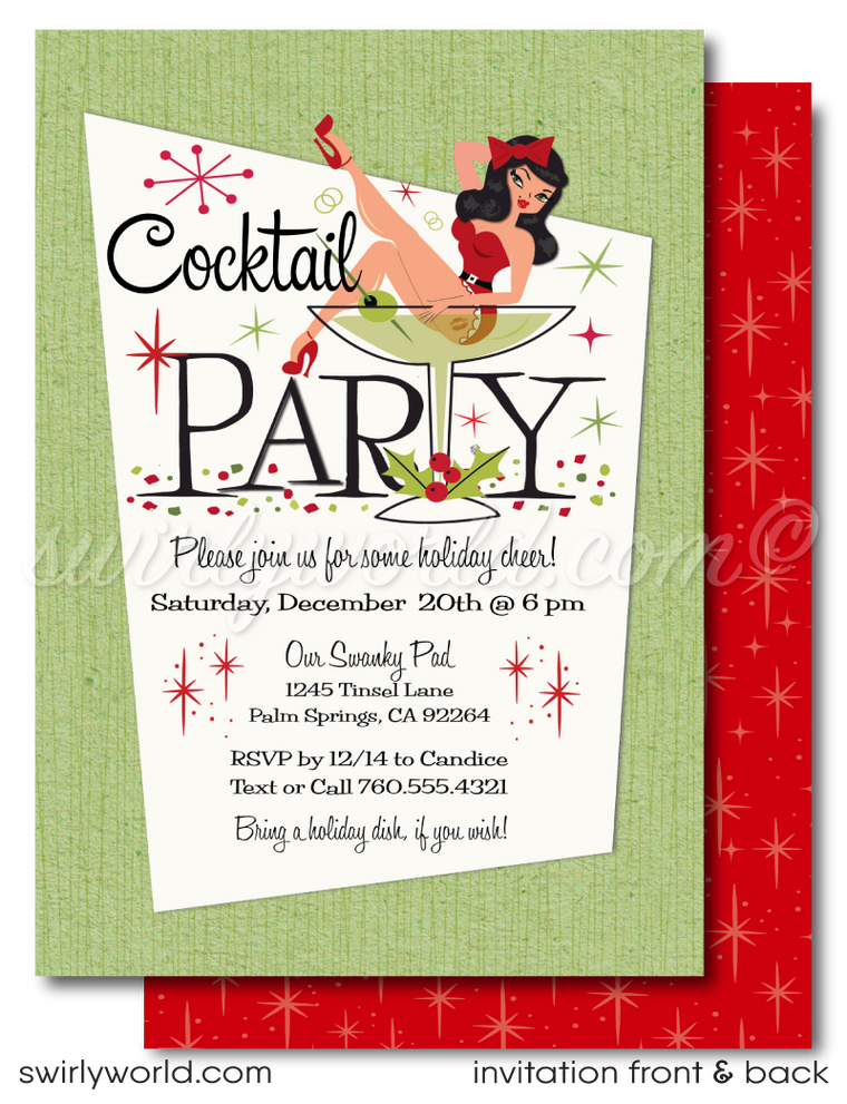 Elevate your holiday party with our unique retro rockabilly pin-up girl Christmas invitations. The distinctive design exudes style, making it the perfect choice for a standout celebration. Discover the best in pin-up rockabilly holiday party invitations here. Retro-inspired and utterly festive, our invitations set the tone for a Christmas party like no other.