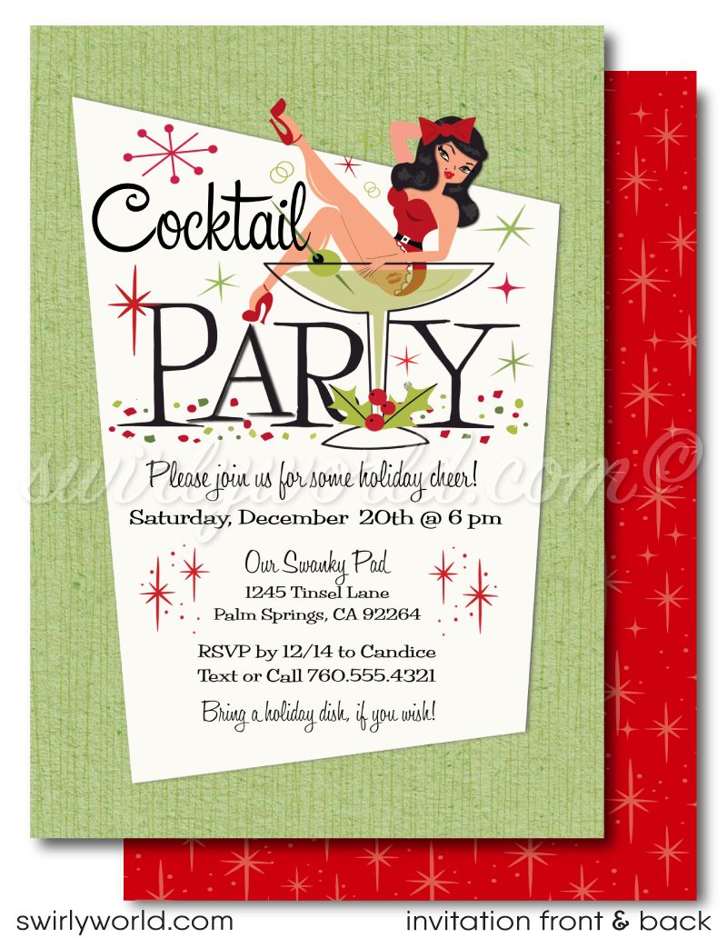 1950s Retro Pinup Girl Rockabilly Christmas Holiday Cocktail Party Invitation Digital Download