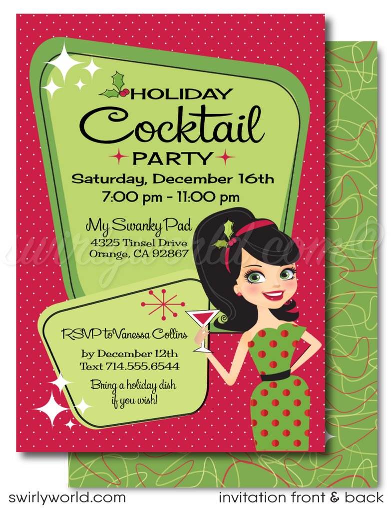 The captivating design showcases a charming pinup hostess gracefully holding a martini glass, inviting you to join this dazzling holiday soiree!