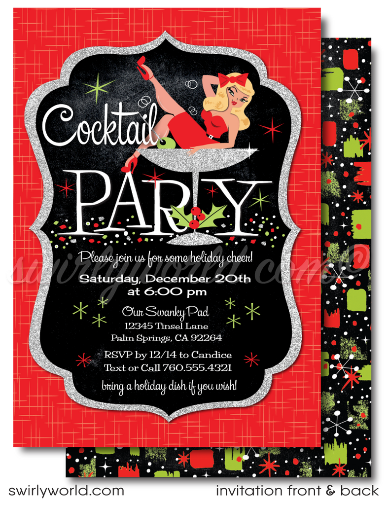 Pin-up Girl Rockabilly Christmas Holiday Cocktail Party Invite Digital Download