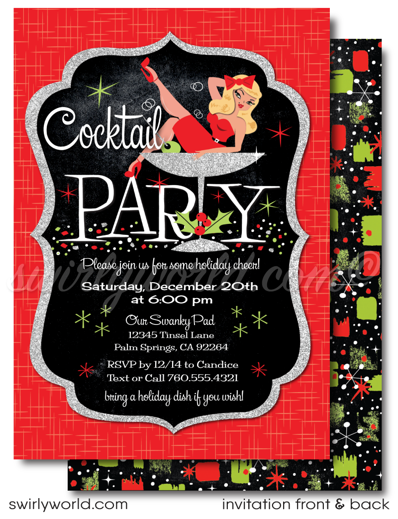 Pin-up Girl Rockabilly Christmas Holiday Cocktail Party Invite Digital Download