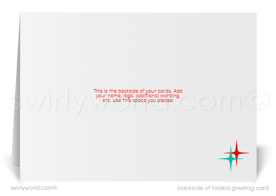 Customizable 1960s Mid-Century Modern Holiday Card with Teal Backdrop, Holly Leaves, and Retro Starbursts