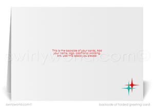 Customizable 1960s Mid-Century Modern Holiday Card with Teal Backdrop, Holly Leaves, and Retro Starbursts