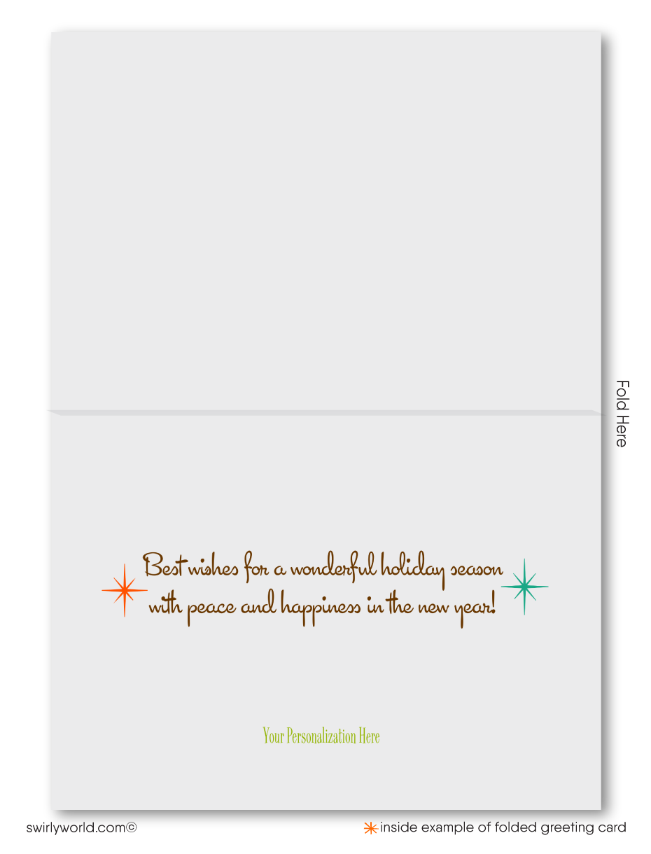 Step back in time with our exclusive atomic retro modern Holiday card design, reminiscent of a bygone era that evokes the warmth and nostalgia of yesteryears. This one-of-a-kind holiday card is a testament to classic MCM abstract elements with iconic colors of orange, aqua blue, pea green against a kraft paper like background.