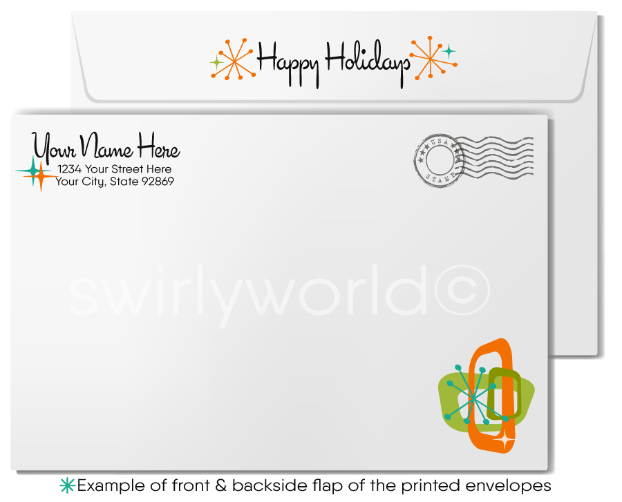 Customizable Atomic Retro Modern Holiday Card with Mid-Century Abstract Design and Starbursts
