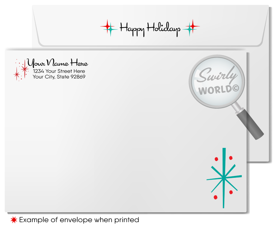 Customizable 1960s Mid-Century Modern Holiday Card with Teal Backdrop, Holly Leaves, and Retro Starbursts