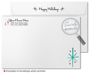 Customizable 1960s Mid-Century Modern Holiday Card with Teal Backdrop, Holly Leaves, and Retro Starbursts