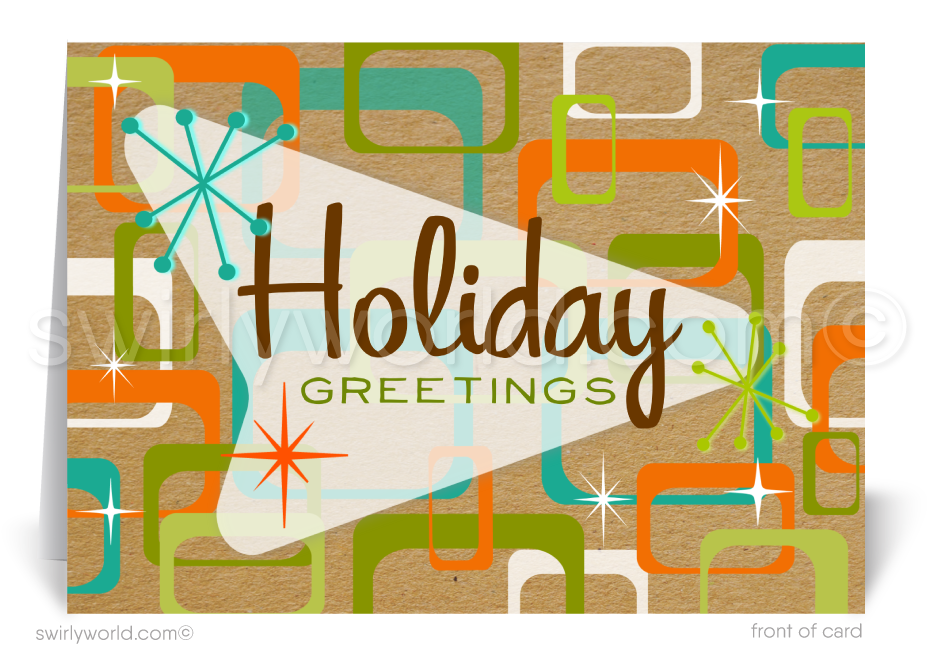 Step back in time with our exclusive atomic retro modern Holiday card design, reminiscent of a bygone era that evokes the warmth and nostalgia of yesteryears. This one-of-a-kind holiday card is a testament to classic MCM abstract elements with iconic colors of orange, aqua blue, pea green against a kraft paper like background.