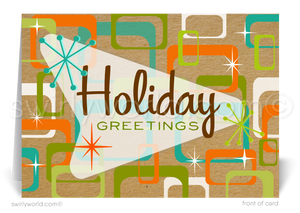 Step back in time with our exclusive atomic retro modern Holiday card design, reminiscent of a bygone era that evokes the warmth and nostalgia of yesteryears. This one-of-a-kind holiday card is a testament to classic MCM abstract elements with iconic colors of orange, aqua blue, pea green against a kraft paper like background.